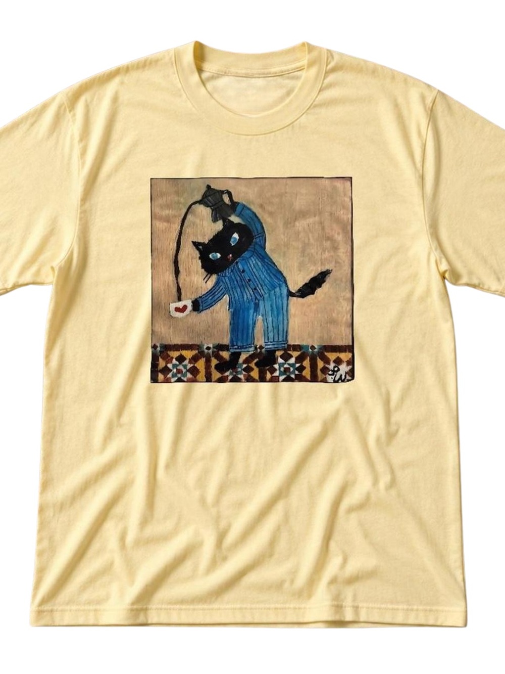 Gildan Pale Yellow Tee with Black Cat Art